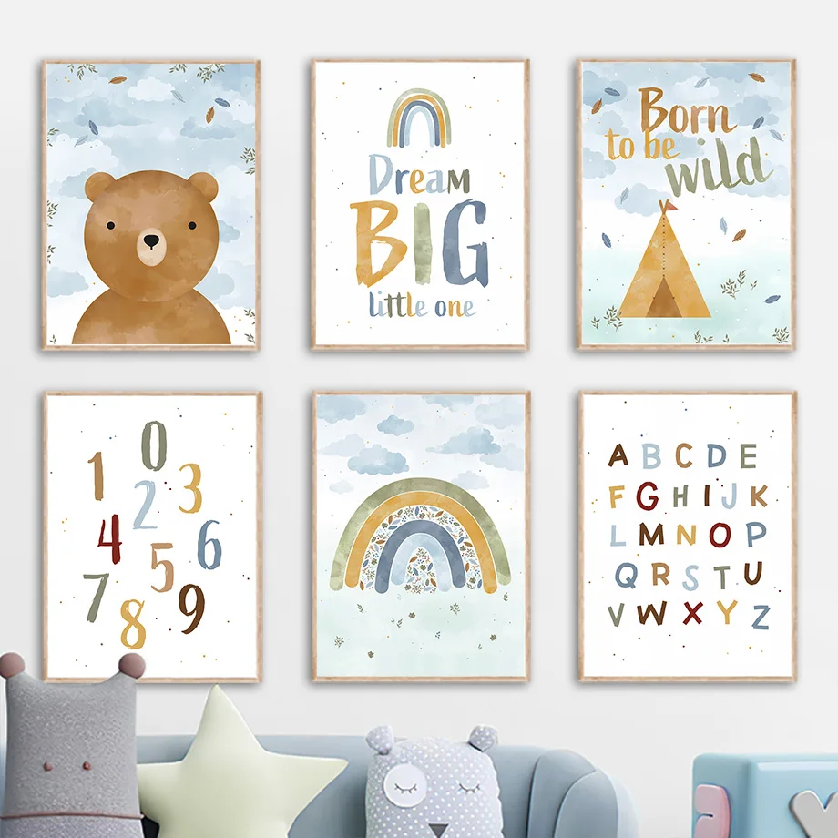 Baby Boy Nursery Quotes - Bear Tent Rainbow Cloud Alphabet Number