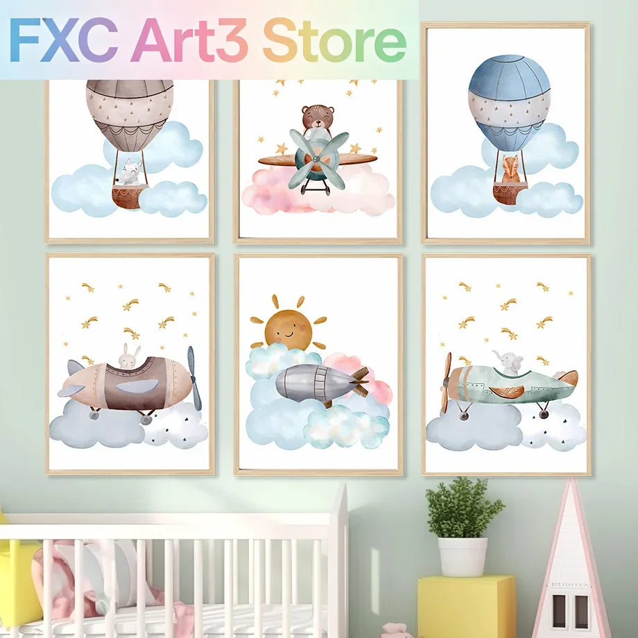 Baby Nursery Elephant - Frameless,Boho Balloon Airplane Bear Rabbit Elephant