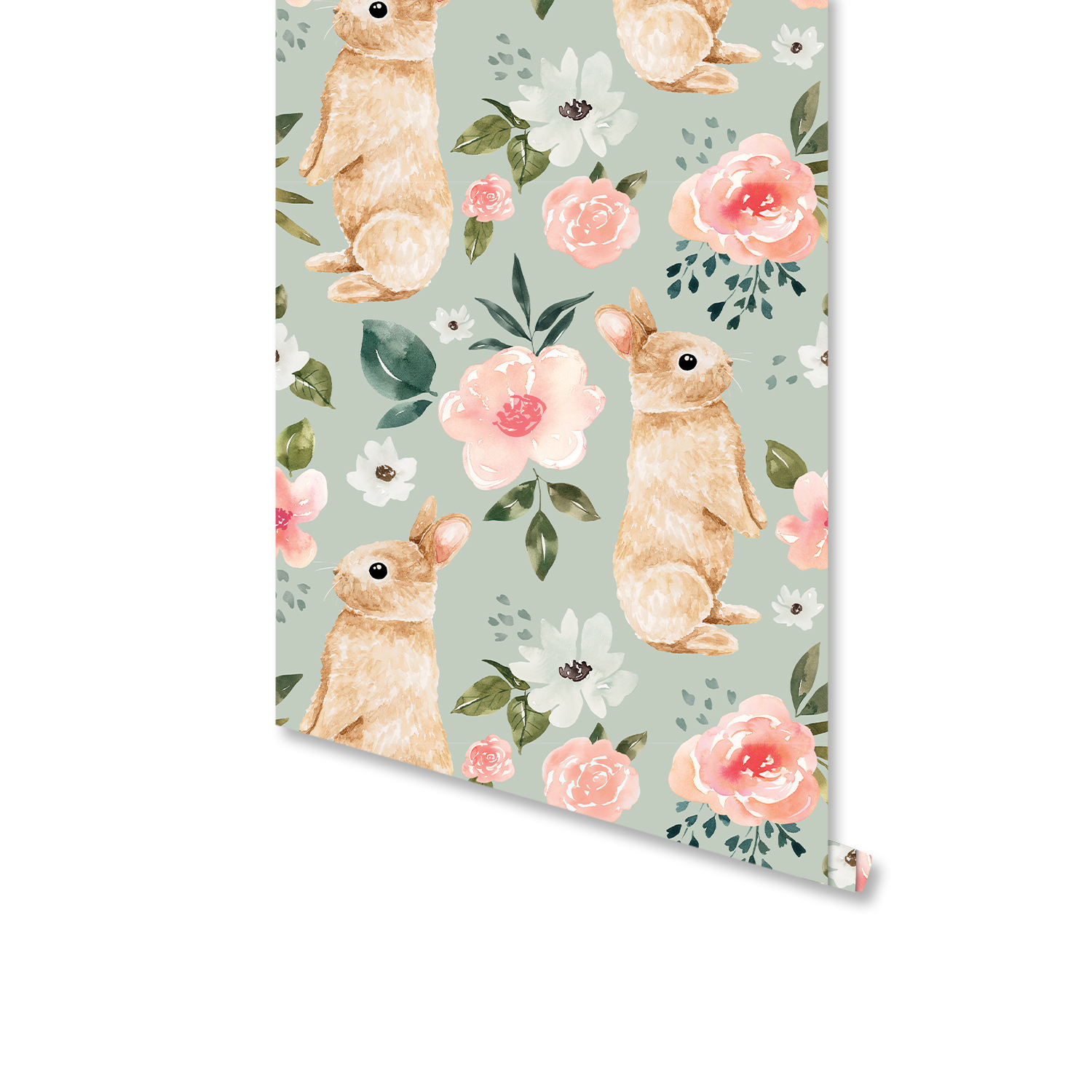 Baby Nursery Pink - Sage Green Bunny Floral Wallpaper Rabbit