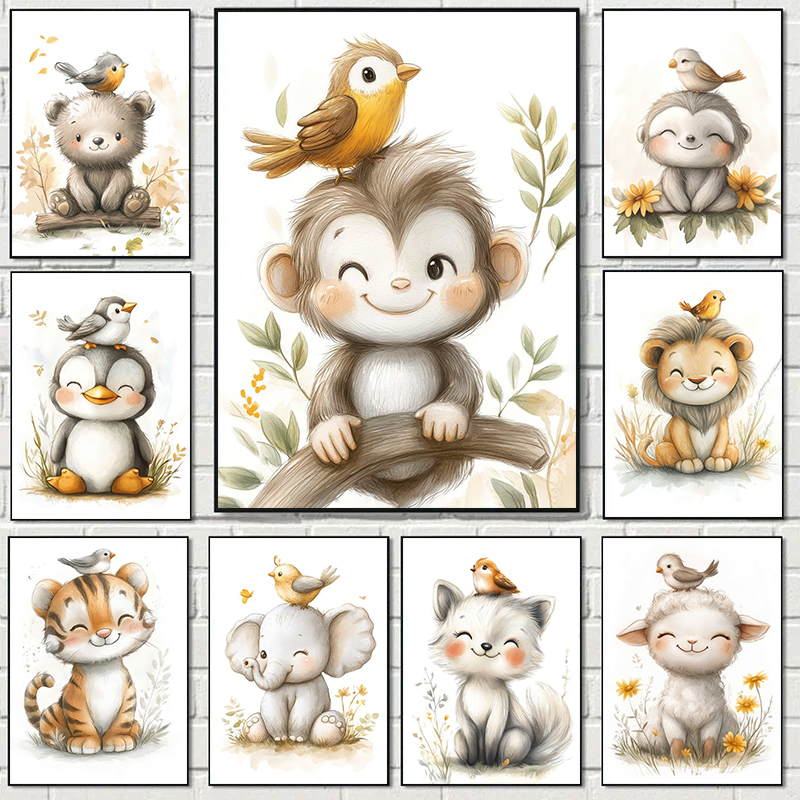 Baby Nursery Pictures - Boho Style Cartoon Animal Illustrations Posters