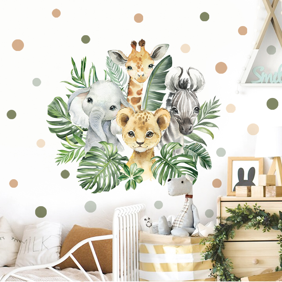 Cartoon Jungle Animals Leaves  – обзор и цена Baby Nursery Wallpaper