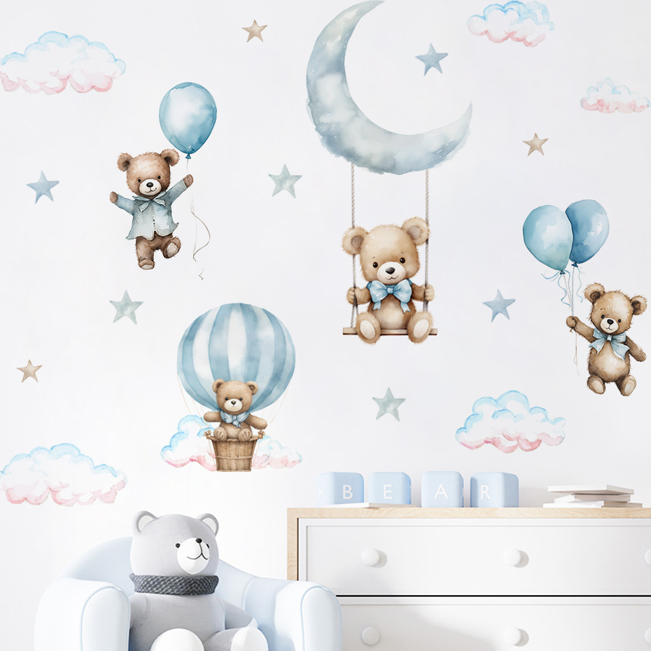 Watercolor Bear Hot Air Balloo – обзор и цена Baby Nursery Wallpaper