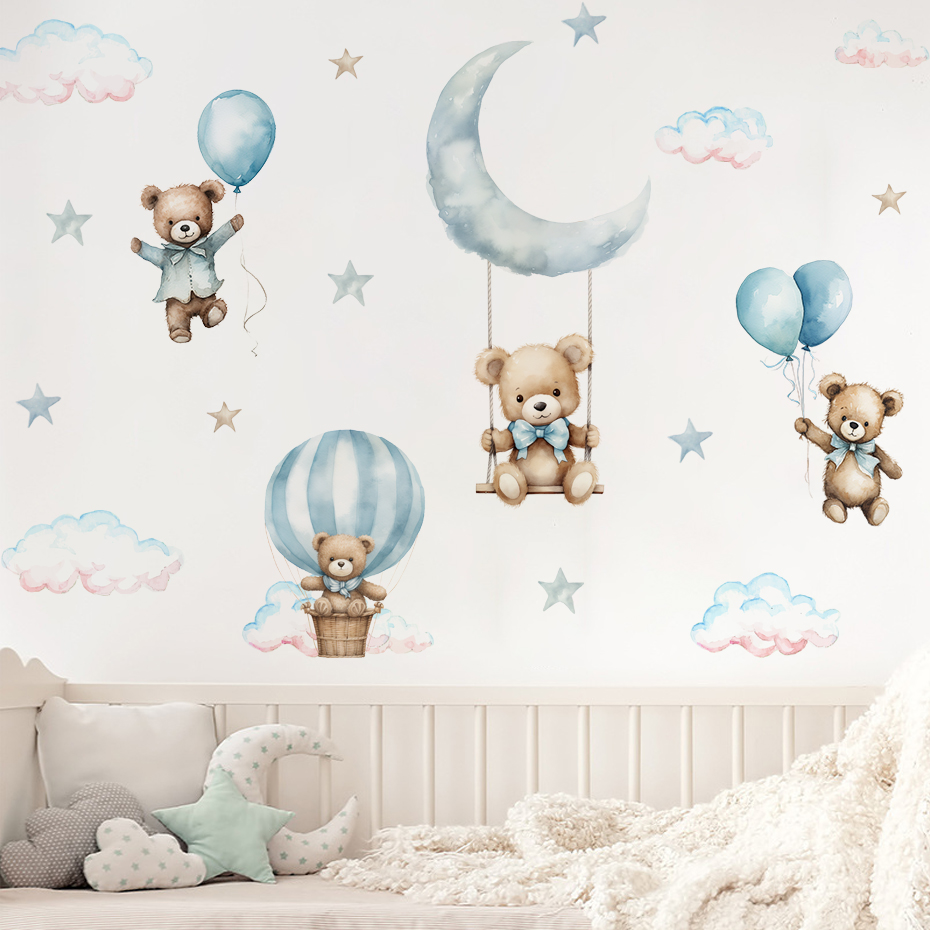 Watercolor Bear Hot Air Balloo – обзор и цена Baby Nursery Wallpaper