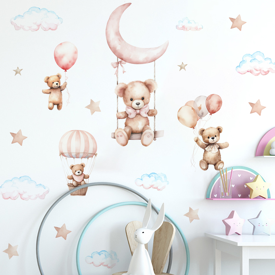 Watercolor Bear Hot Air Balloo – обзор и цена Baby Nursery Wallpaper
