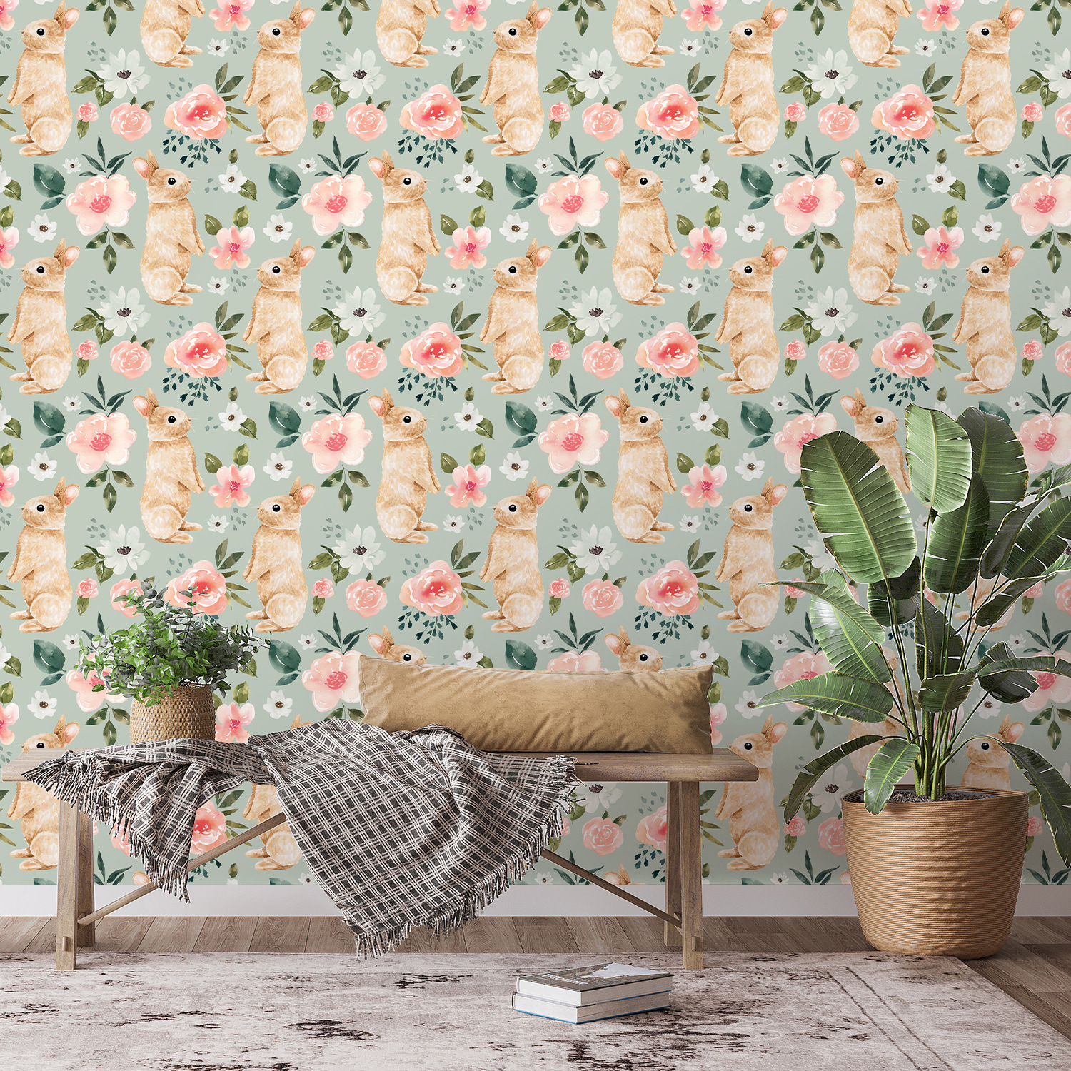 Sage Green Bunny Floral Wallpa – обзор и цена Baby Nursery Pink