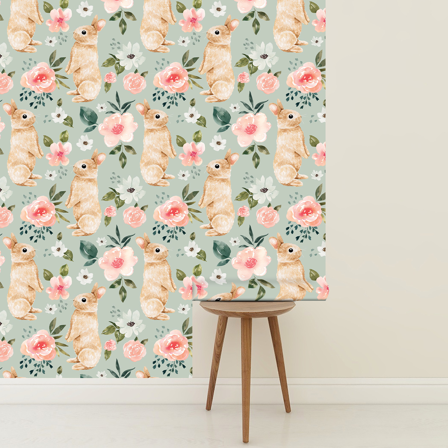 Sage Green Bunny Floral Wallpa – обзор и цена Baby Nursery Pink