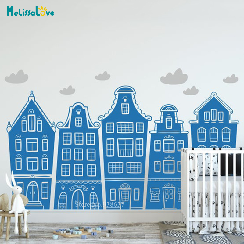 Scandinavian Houses & Clouds D – обзор и цена Baby Nursery Wallpaper